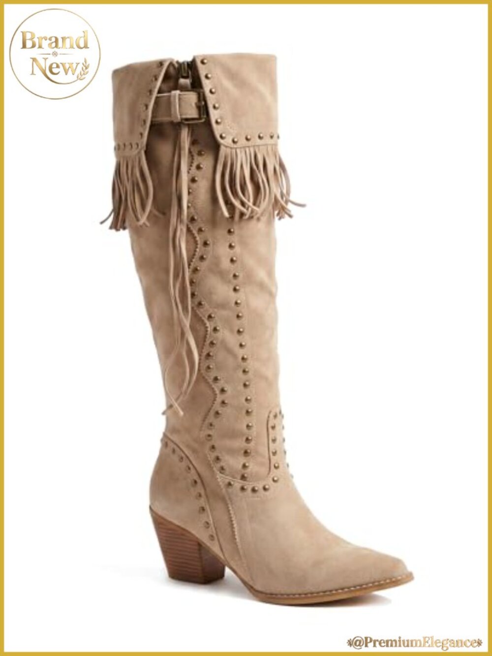 Women's Fringe Knee-High Cowboy Boots, Suede Tall Western Boots with Studded